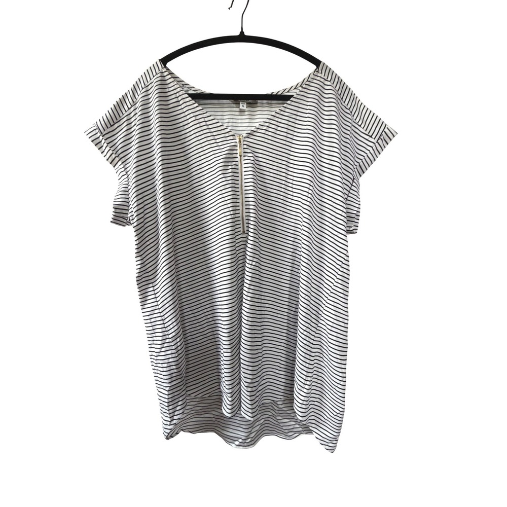 Black White Striped Half Zip Blouse Short Sleeve Express Top XL